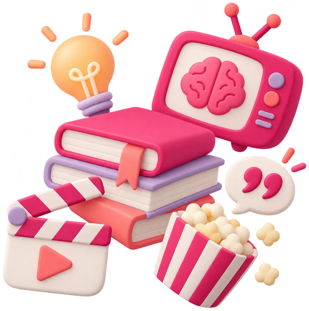 Ilustración de recursos de psicología: libros, cine, series y frases
